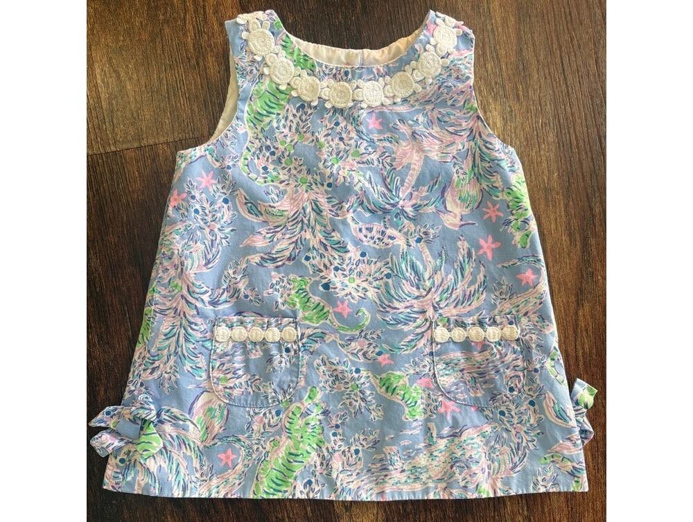 Lilly Pulitzer Girls Blue Resort Print Dress Turtle Neckline Size 12-18M EUC